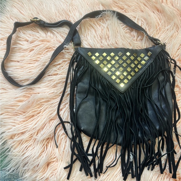 Handbags - 80s Black Fringe Crossbody Bag w/ Gold Studs